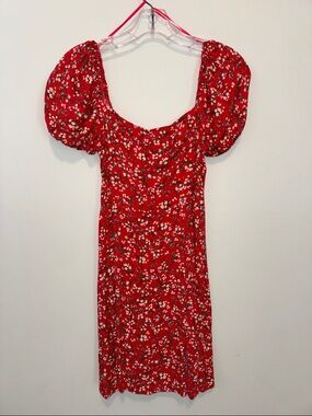 Mi Ami Size S Red Floral Puff-Sleeve Midi Dress